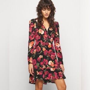 The Kooples Silk Black Pink Orange Floral Long Sleeve Button Formal Ruffle Dress